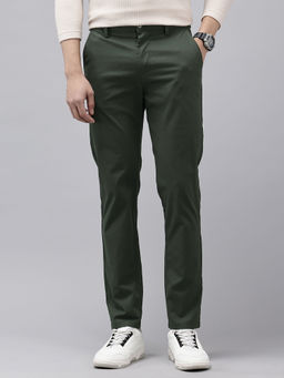 GENIPS - Men Green Solid Cotton Slim Fit Casual Trouser