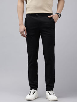 GENIPS - Men Black Solid Cotton Slim Fit Casual Trouser