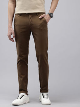 GENIPS - Men Brown Solid Cotton Slim Fit Casual Trouser