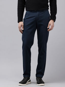 GENIPS - Men Navy Blue Solid Cotton Slim Fit Casual Trouser