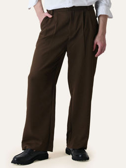 Perch - Brown Solid Pleated Korean Pant