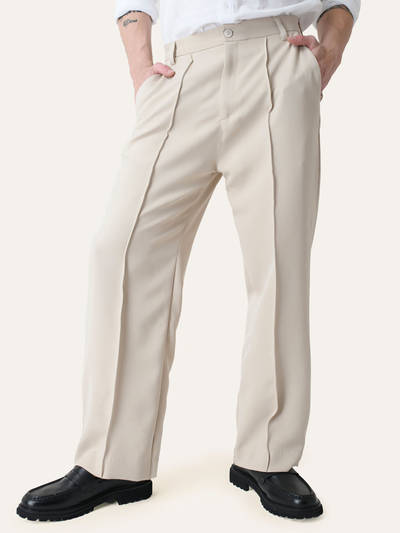 Cream Solid Pintuck Korean Pant
