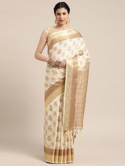 Mimosa - Women's Kanjivaram Art Silk Beige Saree with Unstitched Blouse