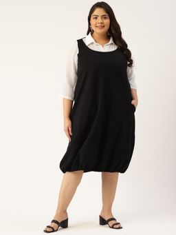 theRebelinme - Plus Size Women Black Solid Color Shirt Collar Balloon Dress