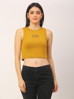 RIGO - Mustard Game Over Printed Cotton Round Neck Tank Top