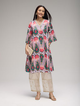 Gajra Gang - Coral Moss Crepe Ikat Kurta Eastern Souk