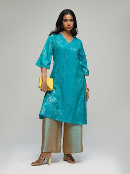 Gajra Gang - Teal Poly Silk Foil Printed Kurta La Dolce Vita