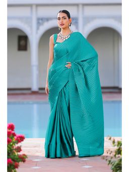 Swtantra - Accordion Teal Jade Satin Pleated Saree without Blouse
