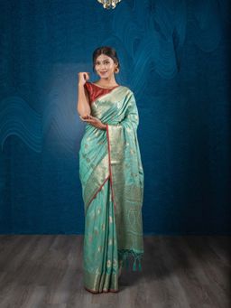 EXCLUSIVA - Green Shade Tussar Silk Banarasi Woven Saree with Unstitched Blouse