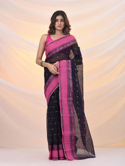 Arhi - Navy Blue Pure Cotton Tant Saree With Woven Designs Without Blouse