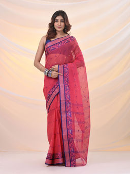 Arhi - Punch Pink Pure Cotton Tant Saree With Woven Designs Without Blouse
