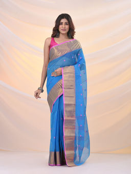 Arhi - Sky Blue Pure Cotton Tant Saree With Zari Border Without Blouse