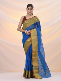 Arhi - Sapphire Blue Pure Cotton Tant Saree With Zari Border Without Blouse