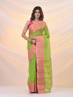 Arhi - Parrot Green Pure Cotton Tant Saree With Zari Border Without Blouse