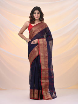 Arhi - Navy Blue Pure Cotton Tant Saree With Zari Border Without Blouse