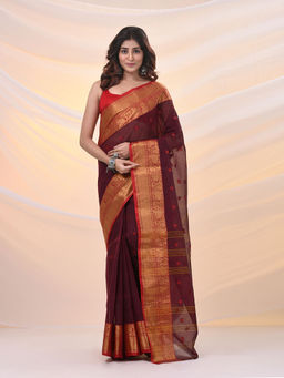 Arhi - Dark Red Pure Cotton Tant Saree With Zari Border Without Blouse