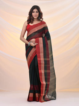 Arhi - Emerald Green Pure Cotton Tant Saree With Temple Border Without Blouse