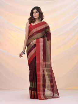 Arhi - Maroon Pure Cotton Tant Saree With Temple Border Without Blouse