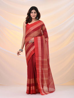 Arhi - Red Pure Cotton Tant Saree With Temple Border Without Blouse