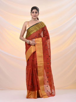 Arhi - Brick Red Pure Cotton Tant Saree With Zari Border Without Blouse