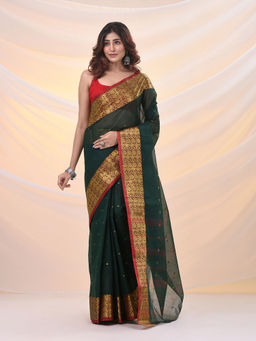 Arhi - Dark Green Pure Cotton Tant Saree With Zari Border Without Blouse