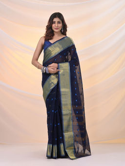 Arhi - Midnight Blue Pure Cotton Tant Saree With Zari Border Without Blouse