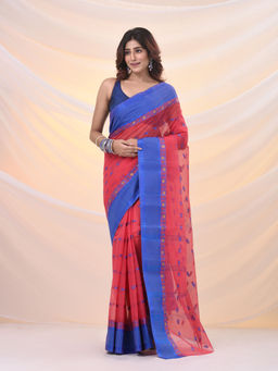 Arhi - Crimson Red Pure Cotton Tant Saree With Woven Designs Without Blouse