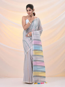 Arhi - Off White Cotton Handspun Soft Stripe Pattern Saree with Unstitched Blouse
