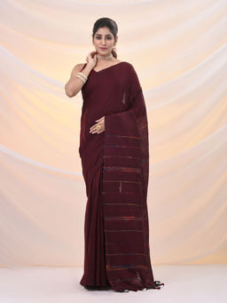 Arhi - Maroon Cotton Handspun Soft Stripe Pattern Saree with Unstitched Blouse