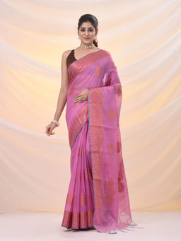 Arhi - Pink Silk Blend Nakshi Zari Borders Saree with Unstitched Blouse