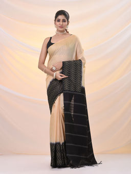 Arhi - Beige Silk Blend Weaved Borders Saree with Unstitched Blouse