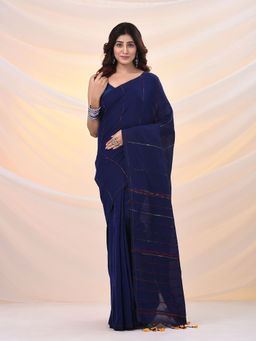 Arhi - Blue Cotton Handspun Soft Stripe Pattern Saree with Unstitched Blouse