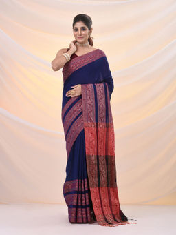 Arhi - Blue Cotton Handspun Soft Woven Paisley Borders Saree with Unstitched Blouse