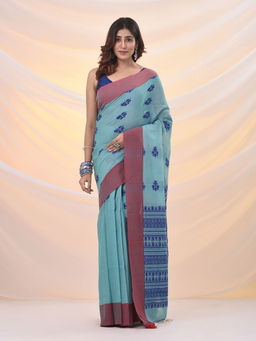 Arhi - Sea Blue Cotton Handspun Soft Woven Nakshi Designs Saree with Unstitched Blouse