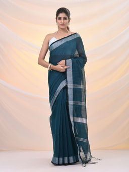 Arhi - Teal Cotton Silk Soft Zari Borders Saree with Unstitched Blouse