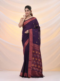 Arhi - Purple Linen Handwoven Zari Borders Saree with Unstitched Blouse