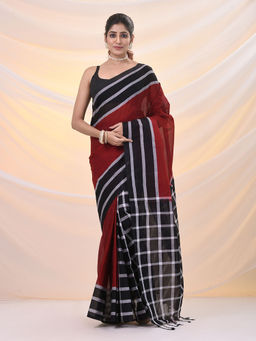 Arhi - Red And Black Cotton Handspun Soft Stripes Borders Saree with Unstitched Blouse