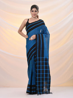 Arhi - Blue And Black Cotton Handspun Soft Stripes Borders Saree with Unstitched Blouse