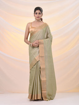 Arhi - Beige Silk Blend Soft Zari Borders Saree with Unstitched Blouse