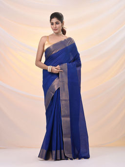 Arhi - Blue Silk Blend Soft Zari Borders Saree with Unstitched Blouse