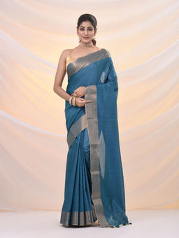 Arhi - Teal Silk Blend Soft Zari Borders Saree with Unstitched Blouse