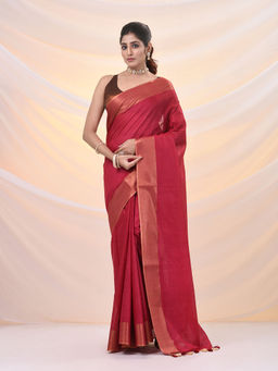 Arhi - Red Silk Blend Soft Zari Borders Saree with Unstitched Blouse