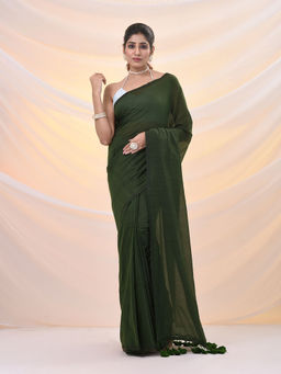 Arhi - Moss Green Cotton Handwoven Soft Pompom Saree with Unstitched Blouse