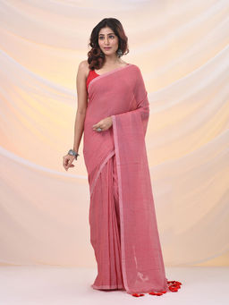 Arhi - Salmon Pink Cotton Handwoven Soft Pompom Saree with Unstitched Blouse
