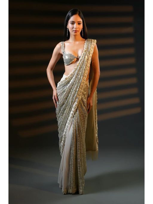 Buy HANDME Premium Luxe Sequin Infused Cream Saree with Unstitched