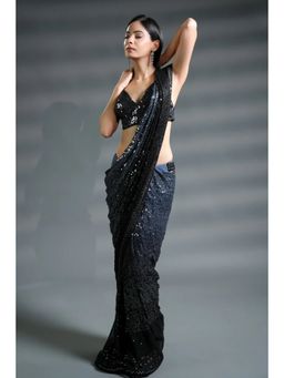 HANDME - Ravishing Black Sequin Black Saree with Unstitched Blouse