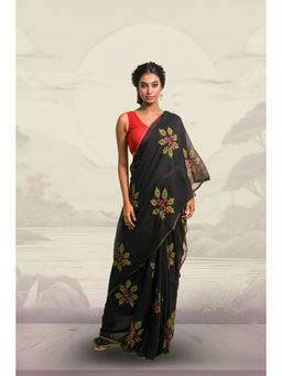 Huts and Looms - Handloom Mul Cotton Saree With Handblock-Printed Holly Leaf Motifs Without Blouse