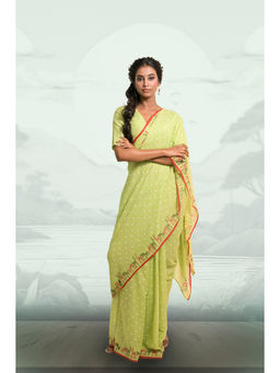 Huts and Looms - Mul Cotton Saree With Handblock-Printed Polka Dot And Reindeer Motifs Without Blouse