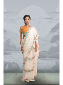 Huts and Looms - White Mul Cotton Saree With Handblock-Printed Strings Of Lights Without Blouse