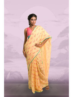 Huts and Looms - Soft Handloom Mul Cotton Saree With Handblock-Printed Butterfly Motifs Without Blouse
